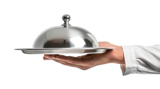 Waiter holding covered silver platter on transparent background