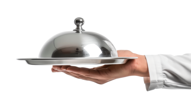 Waiter holding covered silver platter on transparent background