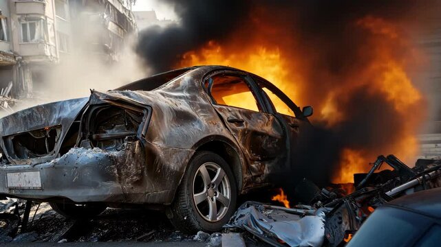 Abandoned Car Burned After Explosion in Urban Disaster Scene