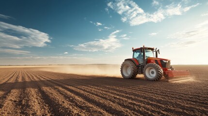 Fototapeta premium Modern tractor sowing seeds in a vast field during golden hour under a clear blue sky