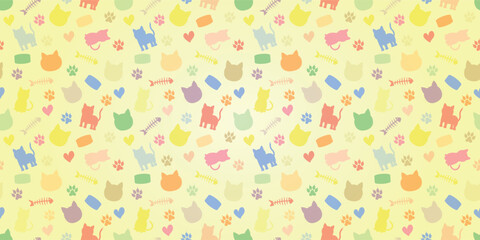 Colorful Cats Background - Colored Silhouettes of Cats, Sardine Cans, Fish Skeletons, Hearts and Footprints on Yellow Gradient Rectangular Background.