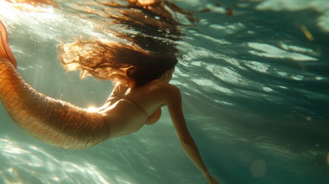 Professional mermaid performer swimming gracefully underwater in a natural setting during daylight hours