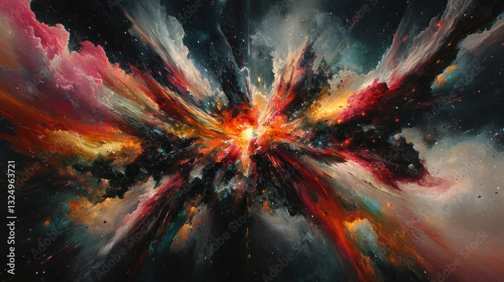 Wall mural colorful burst exploding outwards in space. dark background with nebula clouds