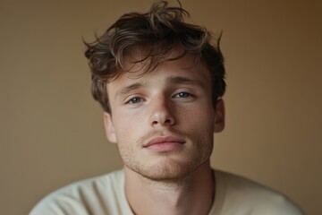 Fototapeta premium Young shy man with soft expression gazes thoughtfully against a warm background