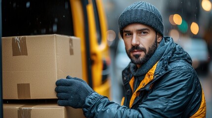 Delivery Man in the Rain, Boxes and Winter
