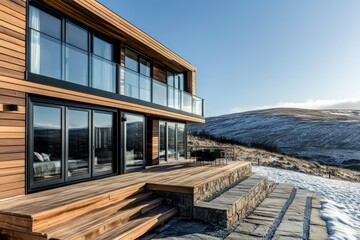 Obraz premium A chic cabin in the Scottish Highlands, crafted from walnut wood with jet black metal detailing