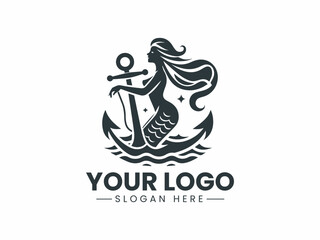 Mermaid with Anchor Vector Illustration Logo, Elegant Mermaid with Anchor Logo Illustration