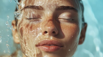 Fototapeta premium Young woman enjoying nature by pouring water over herself during a sunny day in a serene outdoor setting