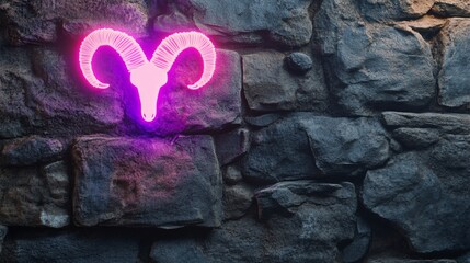 Neon Ram Head on Stone Wall
