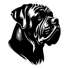 Cane corso's head is a black and white logo. EPS vector graphics.