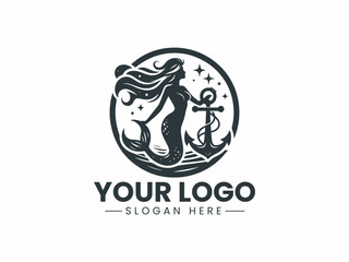 Mermaid with Anchor Vector Illustration Logo, Elegant Mermaid with Anchor Logo Illustration