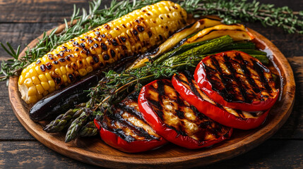 Grilled corn, peppers, and zucchini with fresh herbs