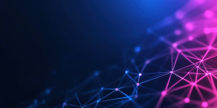 a digital network with glowing lines and dots on the dark blue background. The image evokes a sense of connectivity, innovation, and technological advancement. The background is dark blue.