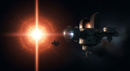 A cosmic observatory floating near a pulsar, its massive lenses pointed toward the swirling beams of light. The surrounding void is peaceful and dark, contrasting with the vibrant pulsar glow