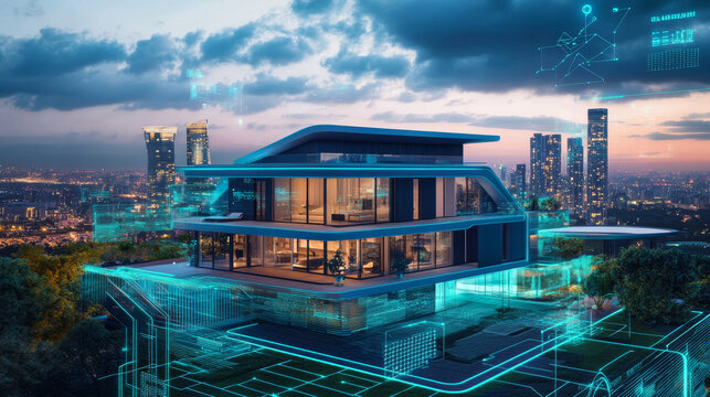 Development architecture computer systems of smart building. Design modern building construction with ai controls. Project smart house construction with artificial intelligence and IOT systems.