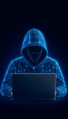 Digital hacker, abstract figure working on a laptop