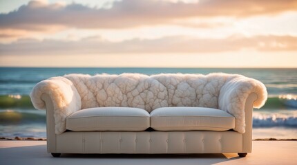 Fototapeta premium Cozy Sofa Overlooking a Tranquil Seascape During Sunset at a Coastal Location