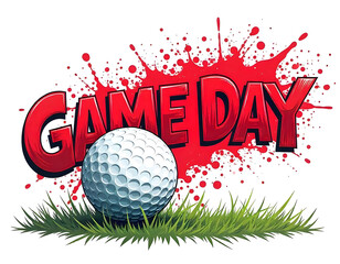 golf game day, golf ball on grass, retro colorful golf ball word banner poster, Retro golf lettering design with ball, graffiti style sport text design, Pop art golf wording on red background art