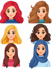Diverse female avatars with various hairstyles and head coverings