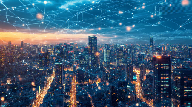 AI controls smart city infrastructure. Artificial intelligence analyze big data urban systems. Abstract cybernetics silhouette head woman with neural network brain in cyberspace. Futuristic concept.