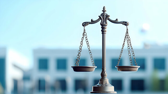 Silver Scales Of Justice Balanced Against Blurred Courthouse Building Background Representing Legal System And Judicial Branch