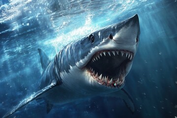 Great white shark swimming in deep blue ocean with open mouth