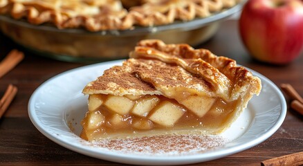 A slice of warm apple pie, dusted with cinnamon, sits on a plate. The flaky crust and sweet filling are mouthwatering.