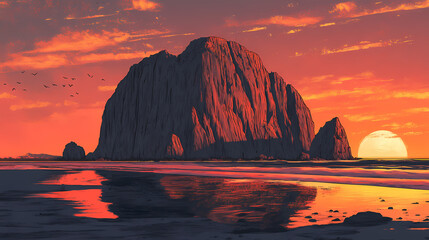 Dramatic sunset casts a warm golden glow on morro rock, a iconic volcanic formation standing majestically. Volcanic Glow. Illustration