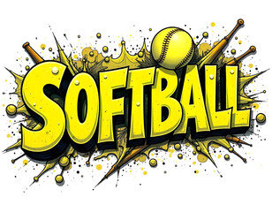 Retro Softball lettering design with ball, graffiti style sport text design, Pop art Softball wording on red background art