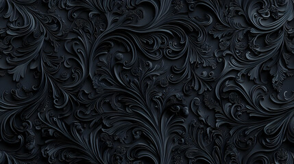 Intricate 3D Dark Floral Pattern On A Black Textured Background With Subtle Shadow And Light Details For A Seamless Vintage Design