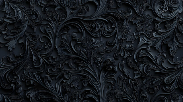 Fototapeta Intricate 3D Dark Floral Pattern On A Black Textured Background With Subtle Shadow And Light Details For A Seamless Vintage Design