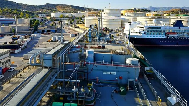 Terminal for loading gas onto ships. LNG equipment near sea Port terminal. Berth for unloading liquefied gas. Supply of liquefied gas
