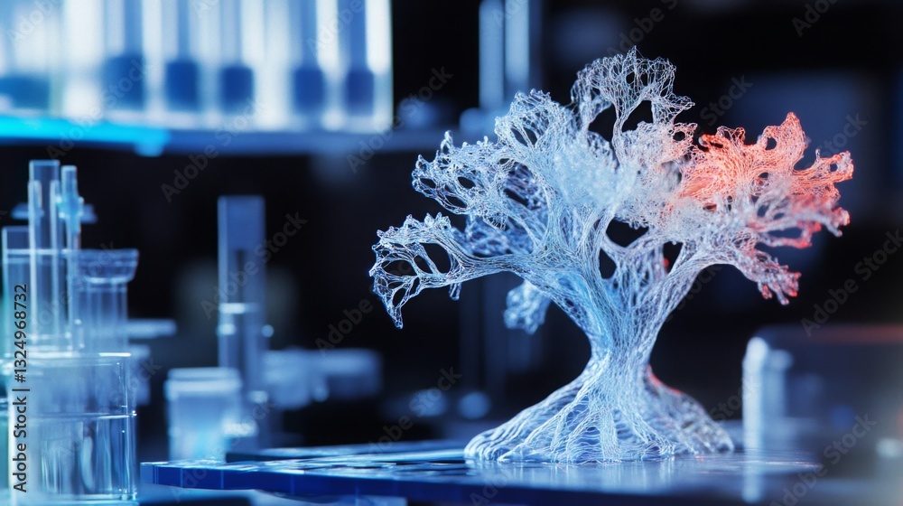 Poster A detailed bioengineering representation of a tree created with advanced computer technology.