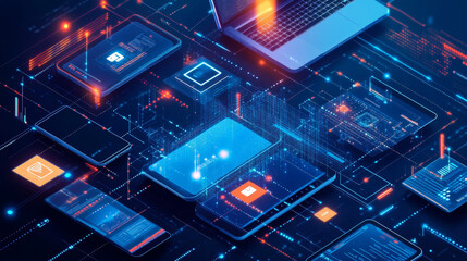 Conceptual illustration digital technology. Hanging smart phone, tablet, laptop. Porting programs to mobile platforms. development of cross-platform software for desktop and mobile devices. 