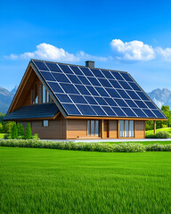 Eco-friendly home with solar panels on a grassy meadow