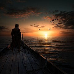 Fototapeta premium Voyager in silhouette contemplates sunset on the open sea from a boat.