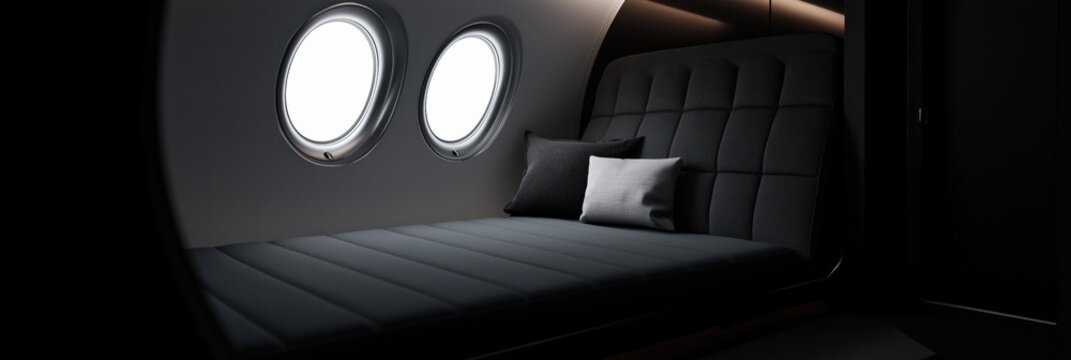 The sleek interior of a modern private jet showcases luxurious seating and elegant design, epitomizing comfort and sophistication in contemporary air travel.