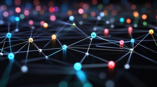 Network connecting points glowing on dark background with colorful bokeh