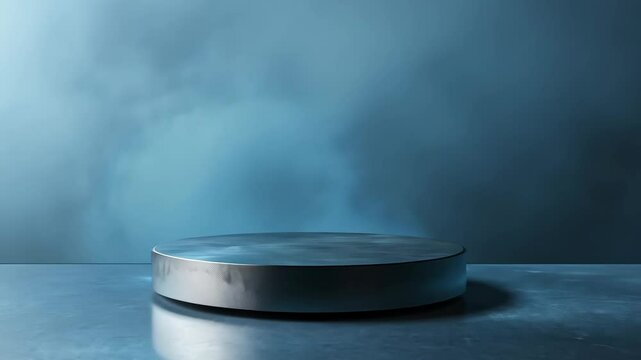 Rotating metal platform amidst mystical blue smoke ambiance