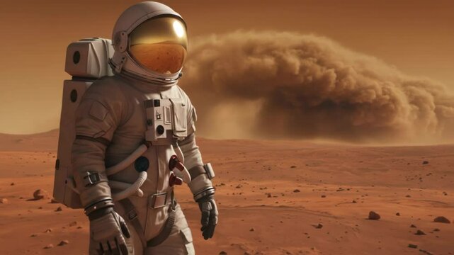 Astronaut man stands on Mars during a dust storm. Space exploration footage. Mars colonization motion picture with copy space. Red planet mission video clip.