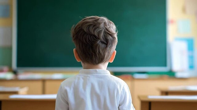 Back to school concept with a child boy standing quietly in a classroom, facing a chalkboard with empty desks around, indicating readiness for the lesson