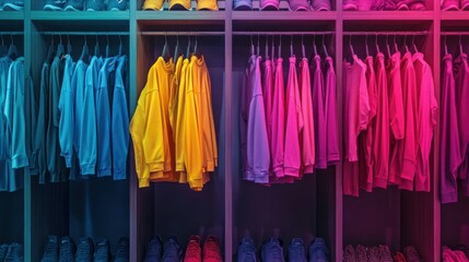 Modern Closet Organization with Colorful Hoodies and Shoes Display