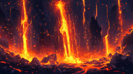 Of fiery lava emerging from a volcanic crater, glowing bright orange, with a backdrop of black volcanic rock. volcanic eruption. Volcanic Glow. Illustration