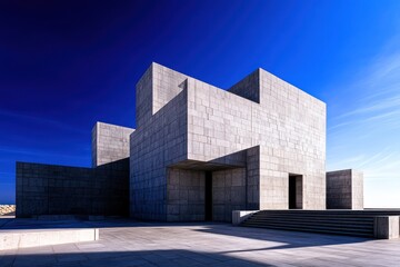 A contemporary building crafted from slate-colored concrete blocks, highlighted by its minimalist architecture and sharp corners