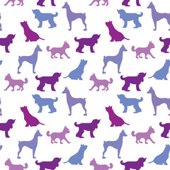Vector seamless repeating childish pattern with cute dogs, cats in Scandinavian style. Animals background with dog, cat, pets, puppy for invitation, poster, card, flyer, textile, fabric.