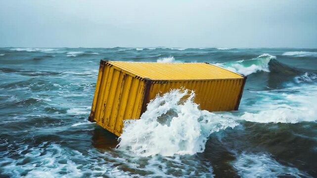 A yellow shipping container bobs in rough ocean waters during a storm near the coast, illustrating the power of nature