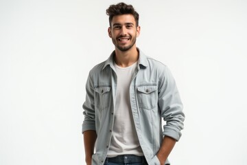 Fototapeta premium Half-Length (Waist-Up) portrait of young stylish smiling Israeli male model in casual wear isolated on pure white background looking at camera