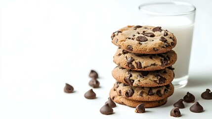 cookies stacked with milk on white background