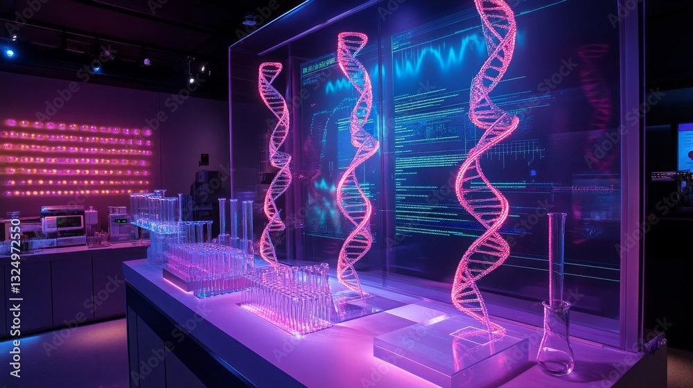 Poster A contemporary research facility showcases interactive displays of DNA structures and bioinformatics data.