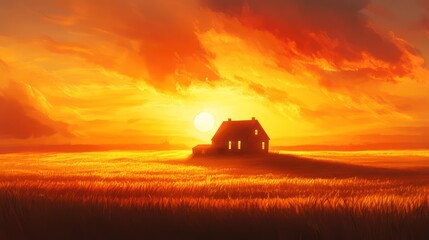 Fototapeta premium A lone house resides on a grassy hill with a vibrant sunset
